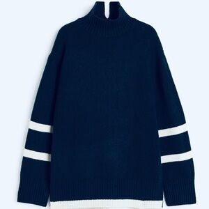 H&M Oversized Knit Polo Sweater, Navy blue/Cream stripes